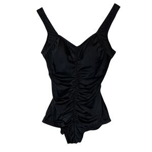 Maxine of Hollywood Tricot Shirred Front Girl Leg One Piece Swimsuit Black sz 16
